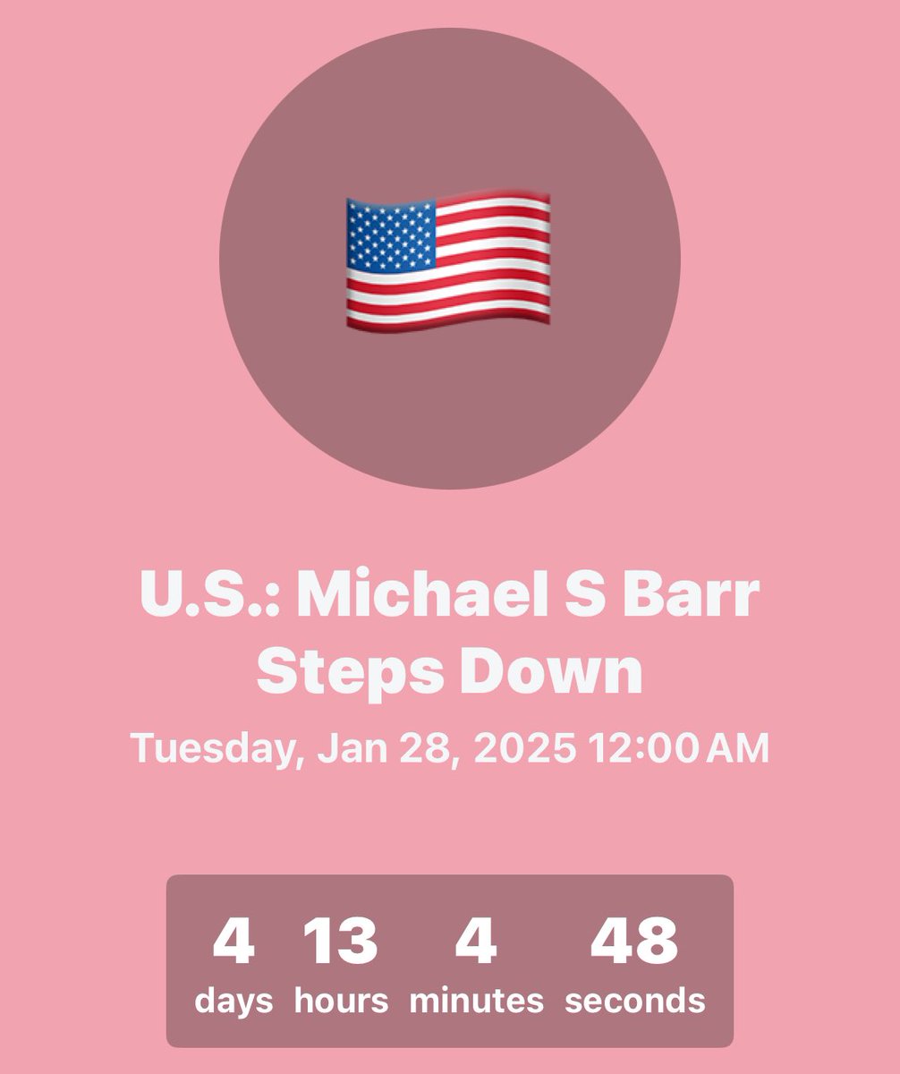 Political watch: U.S. 🇺🇸

In 4 days Michael S. Barr steps down from his position as vice chair for supervision