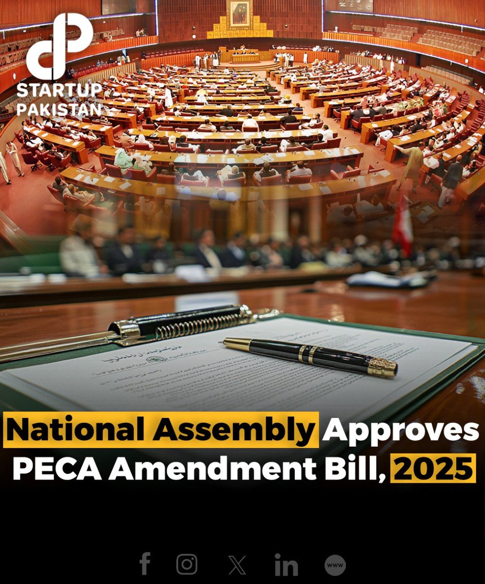 PakStartup's tweet photo. The National Assembly has passed the PECA Amendment Bill, 2025, aimed at regulating social media in Pakistan.
#PECAAmendment #SocialMediaRegulation #PakistanAssembly #DigitalRights https://t.co/EUDAF3eln9