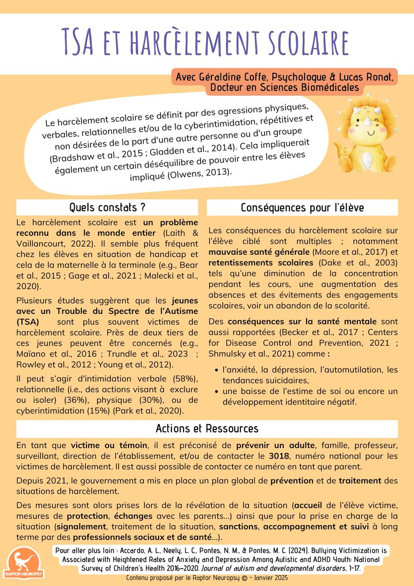 Géraldine et Lucas vous proposent une nouvelle fiche, avec pour sujet le TSA et le harcèlement scolaire !

Bonne lecture 🦕

buff.ly/43sw1WP