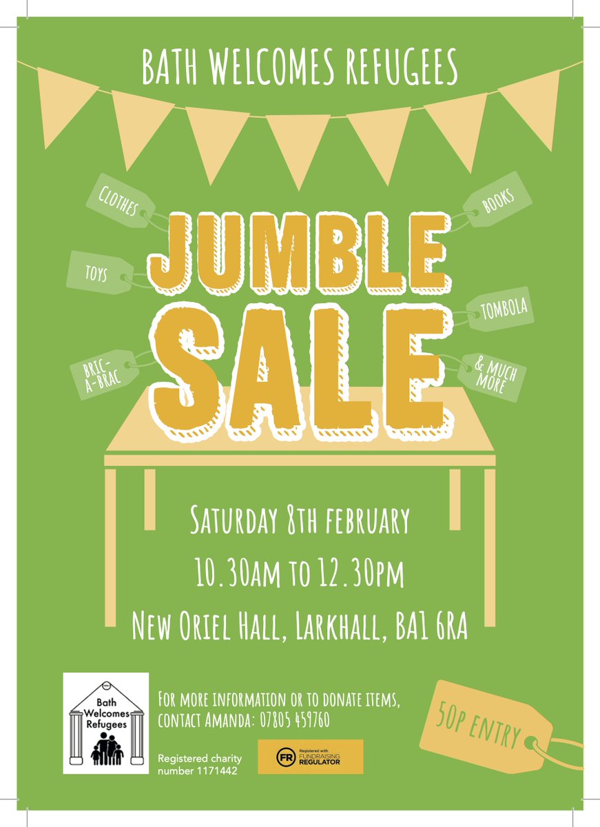 BathWelcomesRefugees (@bathrefugees) on Twitter photo Make a note! 👚 📚 👟 🎱🧣🐣 🧡
It’s a Bath Welcomes Refugees jumble sale coming up on Saturday 8 February!
This time being held at the New Oriel Hall in Larkhall - 10.30am to 12.30pm
For more info or to donate items
📧 fundraising@bathwelcomesrefugees.org.uk
☎️ 07805 459760 Make a note! 👚 📚 👟 🎱🧣🐣 🧡
It’s a Bath Welcomes Refugees jumble sale coming up on Saturday 8 February!
This time being held at the New Oriel Hall in Larkhall - 10.30am to 12.30pm
For more info or to donate items
📧 fundraising@bathwelcomesrefugees.org.uk
☎️ 07805 459760