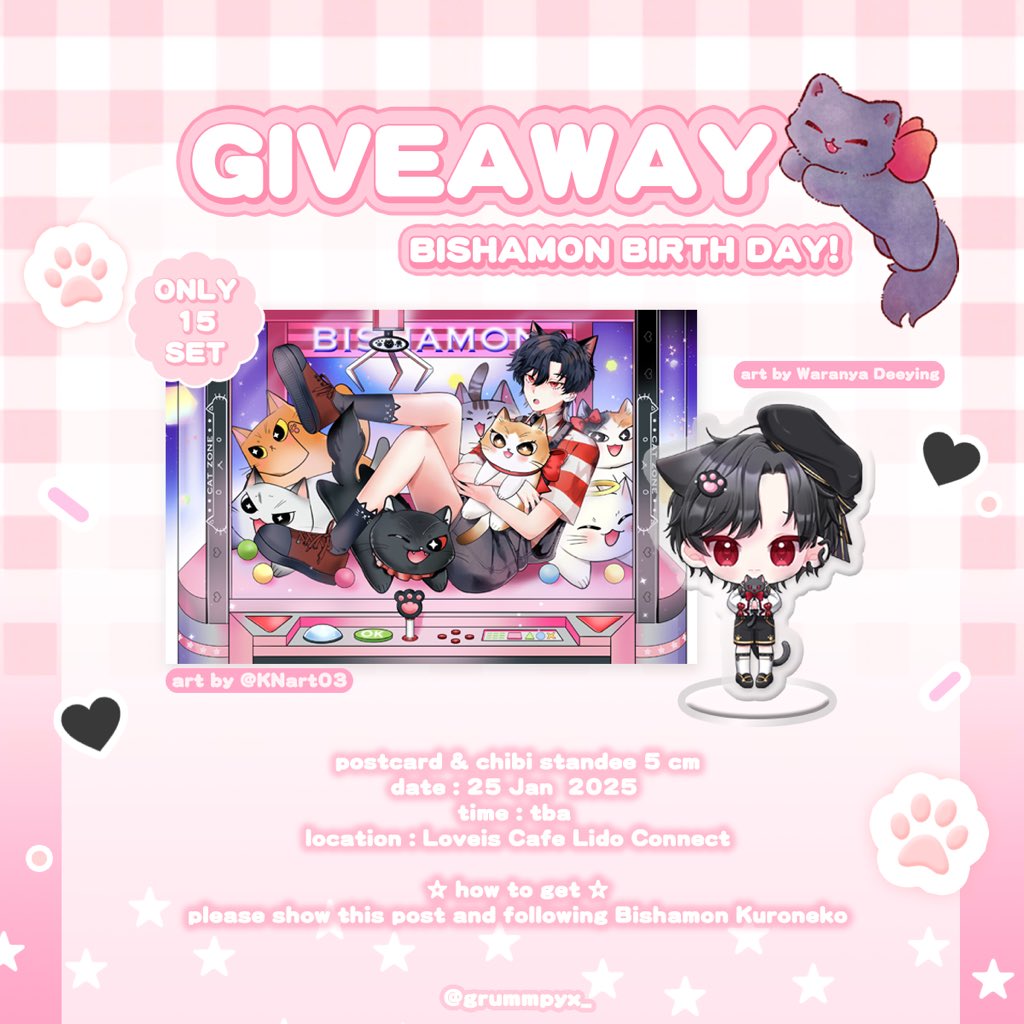 grummpyx_'s tweet photo. ⋆　  ⟑    🎀⟑     ⋆
　  ミo̶̶̷̤  ｡ o̴̶̷̤ミ
      づ GAW ど 

☆ﾟpostcard &amp; chibi standee 5 cm 
☆ﾟdate : 25 Jan  2025 
☆ﾟtime : tba 
☆ﾟlocation : Loveis Cafe Lido Connect

#2BwithBishamon #BlackAStars https://t.co/jdyA9E2Q6s