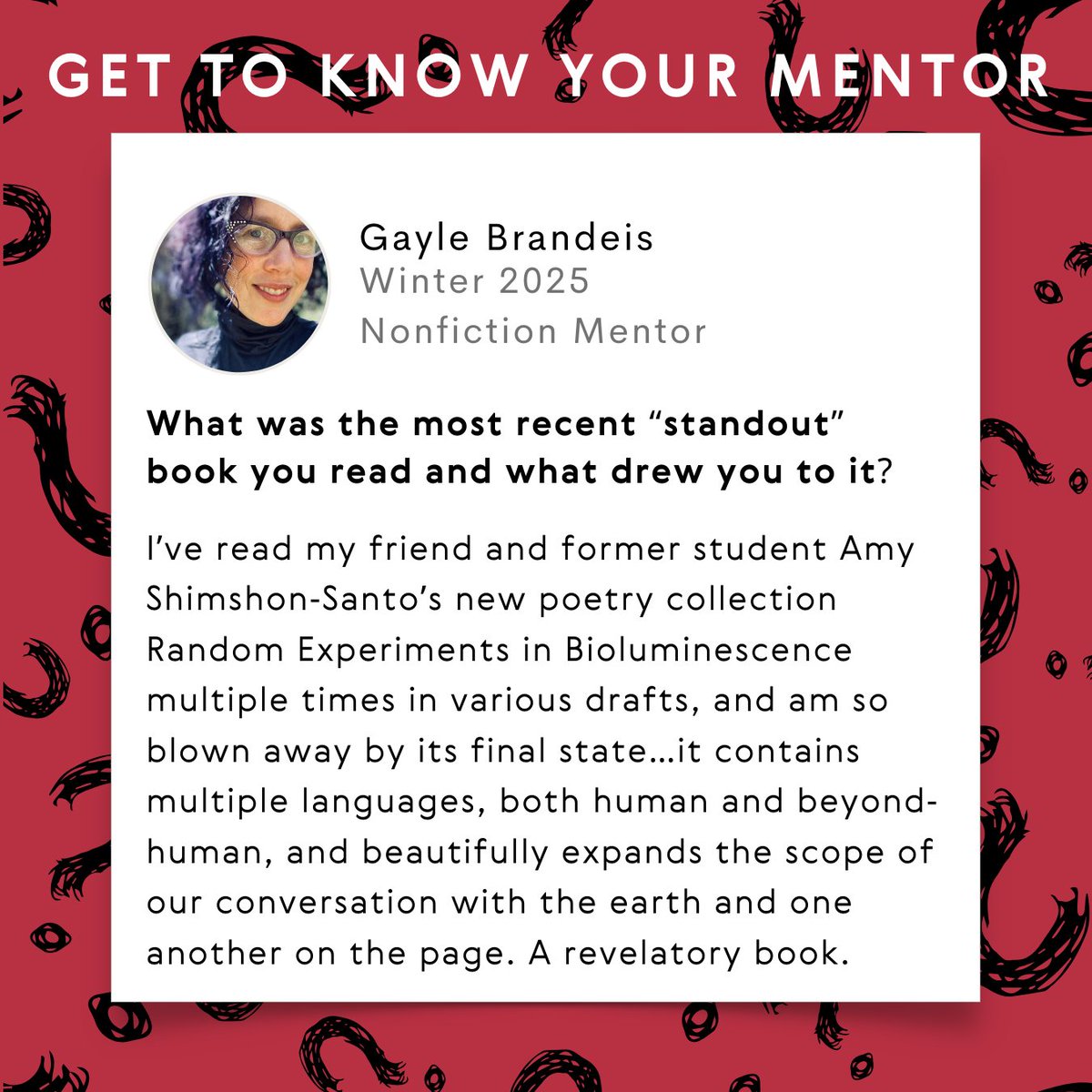 PocketMFA's tweet photo. Find out Gayle Brandeis' standout read!

#PocketMFA #WritingProgram #MFA #Writing #Poetry #Fiction #Journalism #WritersCommunity #Reading #Writers https://t.co/NFb0E5WT8o