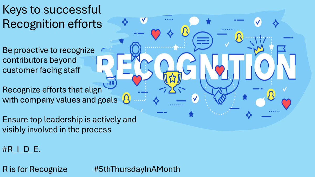 ImproveX4Change's tweet photo. The first #5thThursdayInAMonth is Next Week. 
#R_I_D_E 
R is for Recognize
Meaningful Recognition, 
- acknowledges success everywhere it happens!
- signals the importance of company values and goals, and 
- reveals management/leadership 's commitment to their employee's success. https://t.co/sa2YdQU250