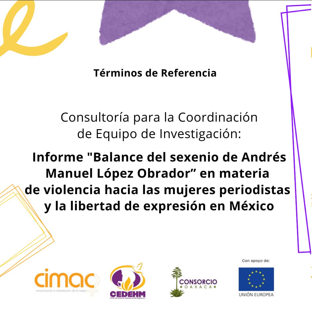 prensacimac's tweet photo. Participa en convocatoria para coordinar un equipo de investigación para la elaboración del Informe "Balance del sexenio de Andrés Manuel López Obrador” en materia de violencia hacia las mujeres periodistas y la libertad de expresión en México

📲 Más información en https://t.co/rctyjv8AJC
📧 Envía tu postulación a cimacredes@gmail.com
¡Quedan pocos días para postularte! 

#MujeresPeriodistas #AndrésManuelLópezObrador #LopezObrador