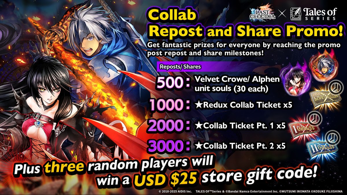lastcloudiaen's tweet image. Collab Repost and Share Promo! 

Hit the milestones and score rewards for everyone! Just follow this account and repost or share this post! You could be one of three lucky players to win a USD $25 store gift code!😁✨

Period: Until Jan 28, 6:59 am (PT)

#LastCloudia x #Talesof