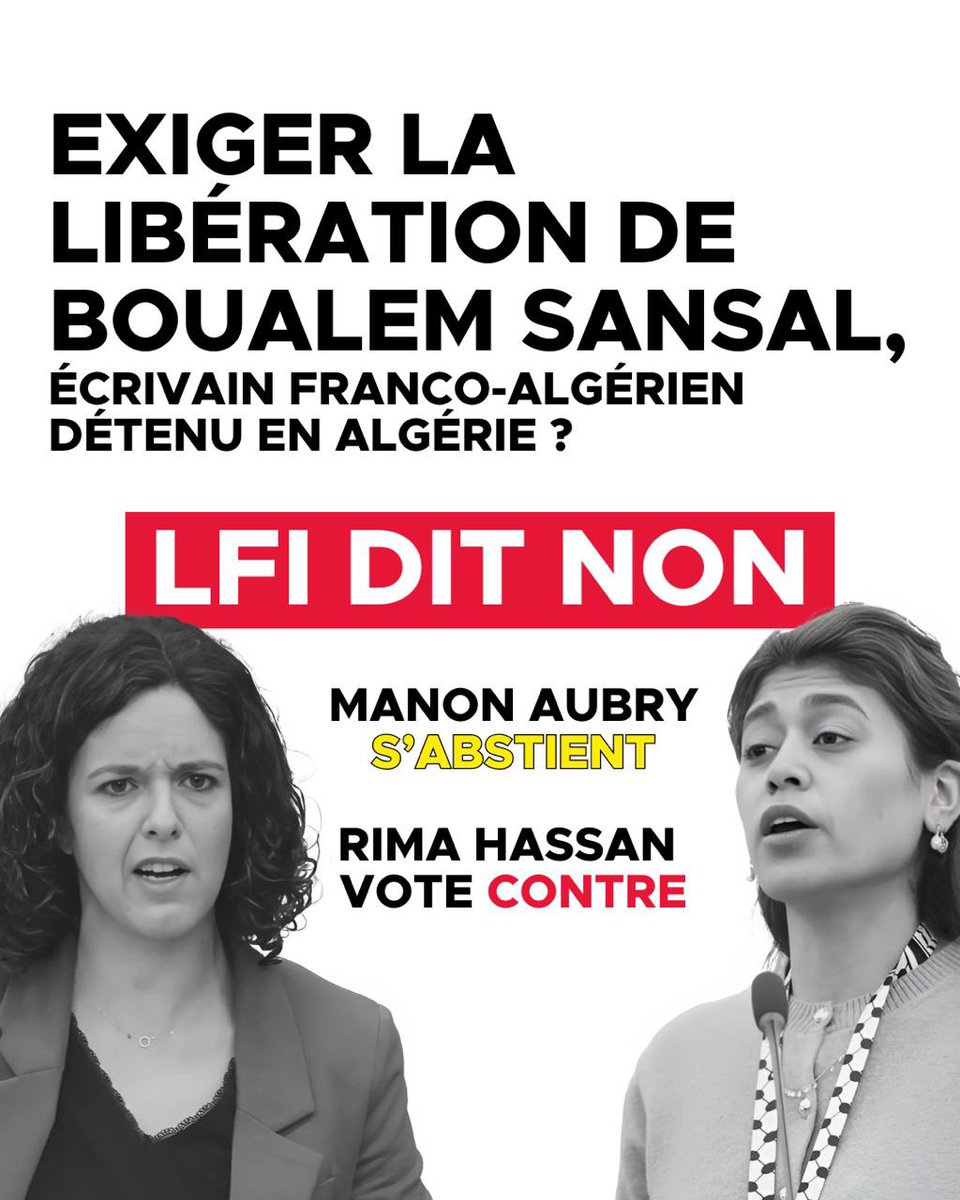 FrontRep's tweet photo. ❌ UNE HONTE ABSOLUE ! 

LFI refuse de soutenir la résolution du Parlement européen qui dénonce l’arrestation de l’écrivain franco-algérien Boualem Sansal par les autorités algériennes et exige sa libération immédiate. https://t.co/9vLw2NX0Mc