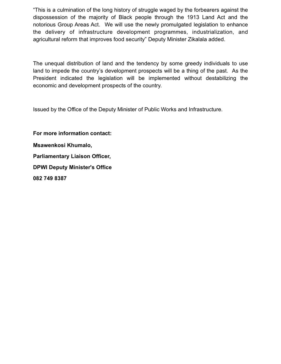 MEDIA STATEMENT

DEPUTY MINISTER OF PUBLIC WORKS AND INFRASTRUCTURE SIHLE ZIKALALA WELCOMES THE SEMINAL AND GROUNDBREAKING SIGNING OF EXPROPRIATION BILL INTO LAW BY PRESIDENT CYRIL RAMAPHOSA.