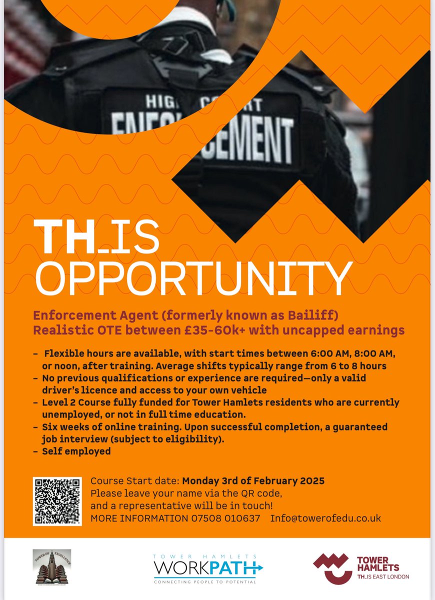 MaiumMiah's tweet image. Flexible hours &amp;amp; £35-60k+ earnings! Become an Enforcement Agent.

✅ No experience needed
✅ Free training for Tower Hamlets residents
✅ Job interview guaranteed

Starts Feb 3rd 2025. Apply now! #WorkPath

Info: 07508 010637 / info@towerofedu.co.uk