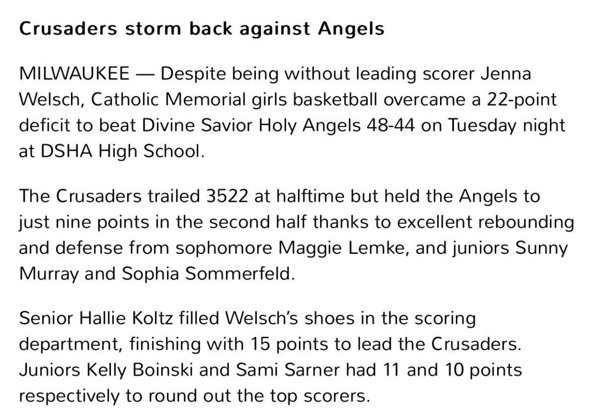 CoachBergan's tweet photo. Crusaders storm back to beat DSHA ⁦@cmhGirlsBBall⁩ https://t.co/HZse0eaCoK