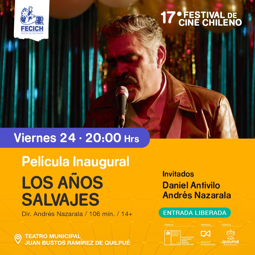 ¡Mirémonos en el cine chileno!
🎉 Inauguración de #Fecich17 con el Pre-Estreno de Los Años Salvajes

Viernes 24 / 20:00 Hrs
Teatro Municipal #Quilpue
¡Entrada liberada!

Financia <a href="/culturasvalpo/">Culturas Valparaíso</a> 
Colabora <a href="/EFEValparaiso/">Tren Limache-Puerto</a>