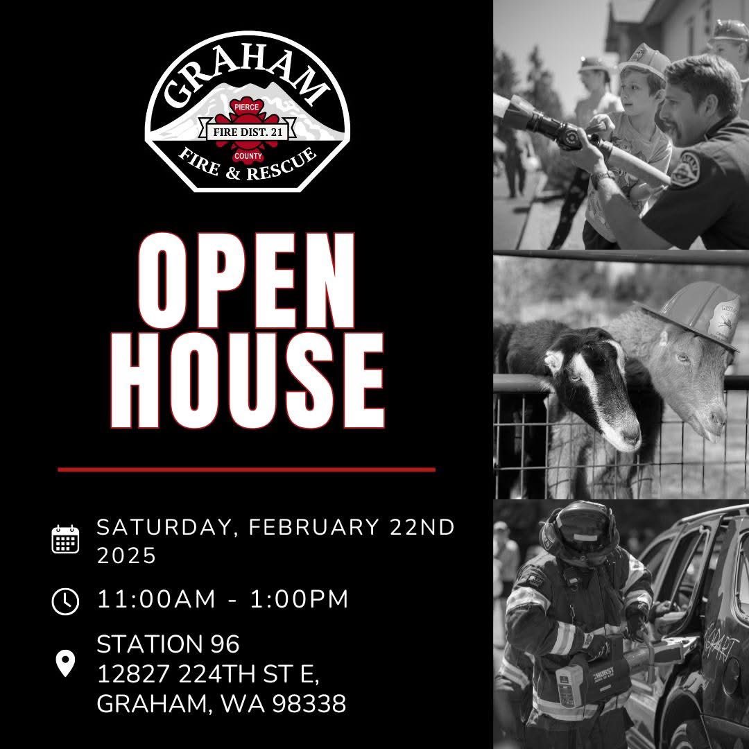 We’re hosting an open house at Station 96! Enjoy some free family fun and learn how your fire district is working together to better serve you.

📍 Station 96 | 12827 224th St E, Graham, WA 98338
📅 Saturday, February 22nd, 2025
⏰ 11:00 am – 1:00 pm