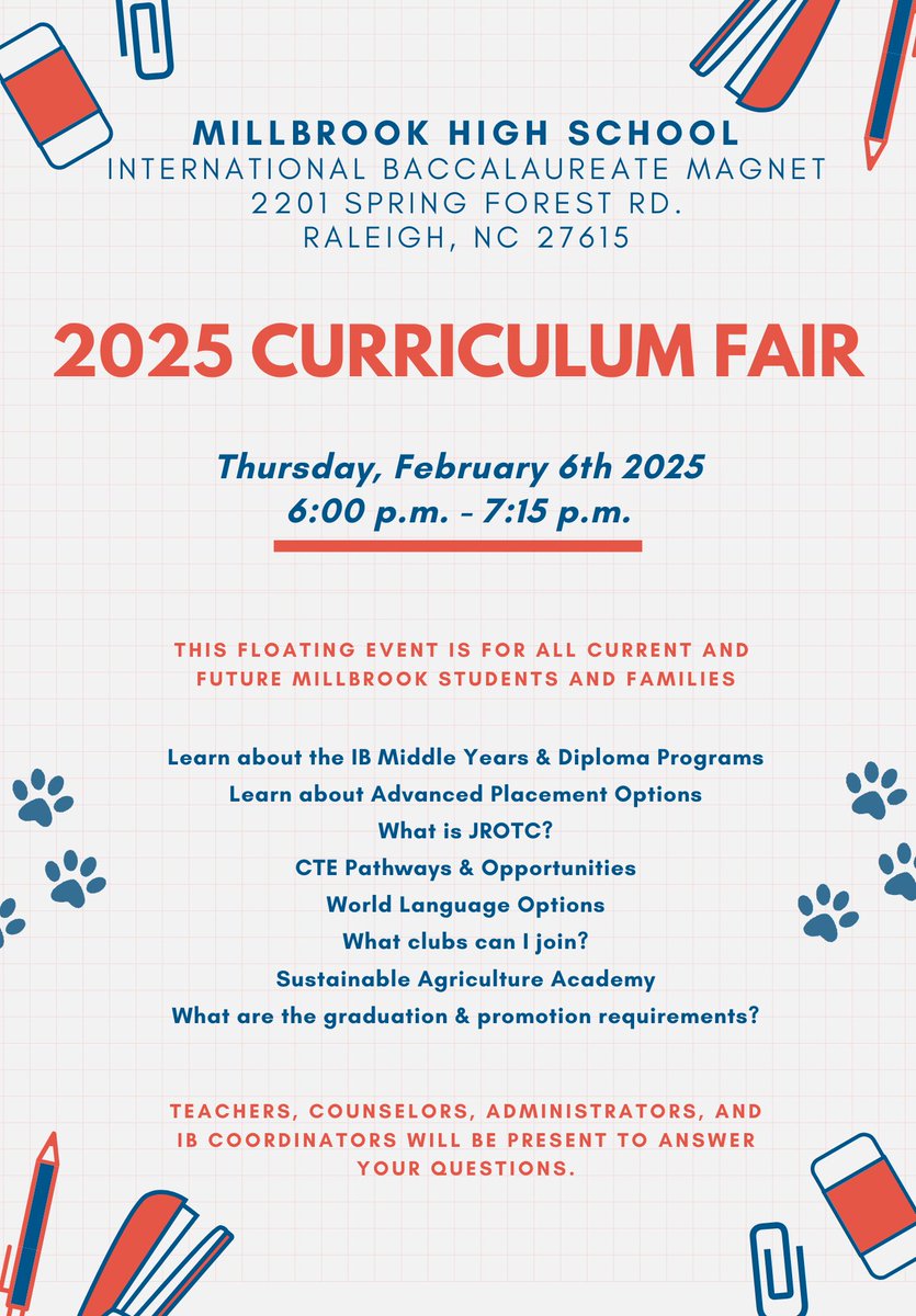 Millbrook will be hosting our annual Curriculum Fair on Thursday, February 6th at 6pm for future families and students! Come learn more about all that MHS has to offer! Check out the flyer below for more info! <a href="/Millbrook_PTSA/">Millbrook PTSA</a> <a href="/millbrookmagnet/">Millbrook Magnet HS</a>