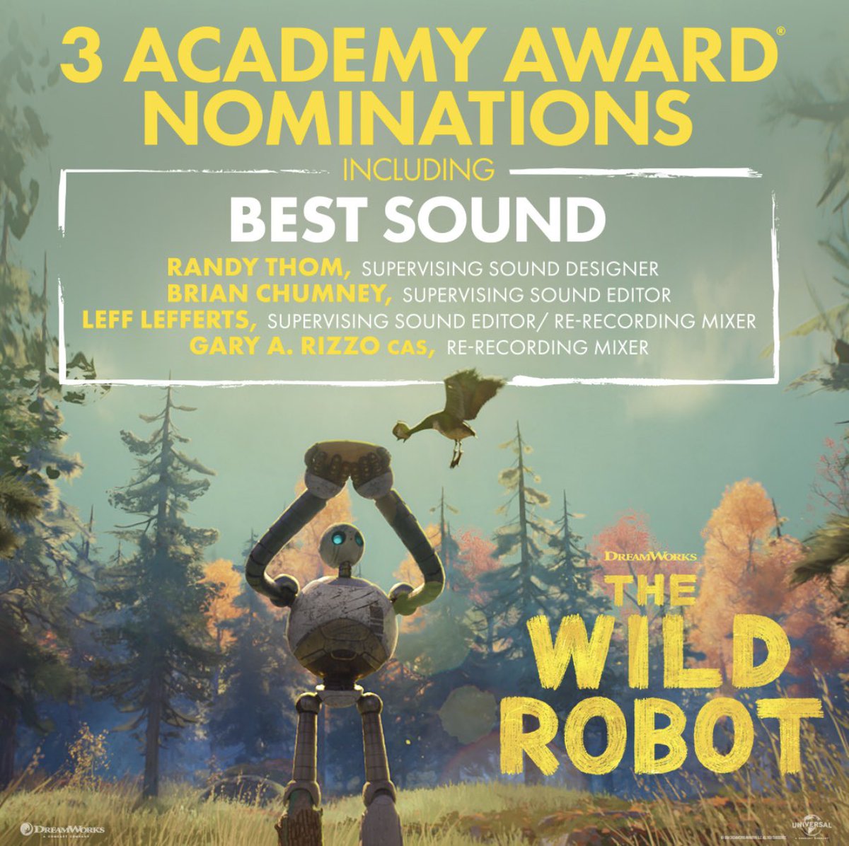 So so proud of Chris, Jeff, Kris, and the entire Wild Robot team!  Congratulations! Thank you for letting me be a part of the ride ♥️