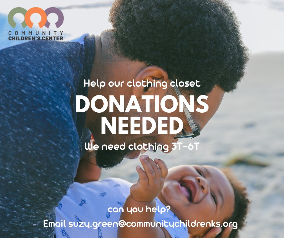 cccenterks's tweet photo. Hey all!  

We could use new and gently used clothes sizes 3T-6T for kids of all genders, so if you've got some kid's clothes you've been waiting to get rid of, let us know! 

You can set up an appointment to donate with Suzy at suzy.green@communitychildrenks.org https://t.co/pgbyU4tv9T