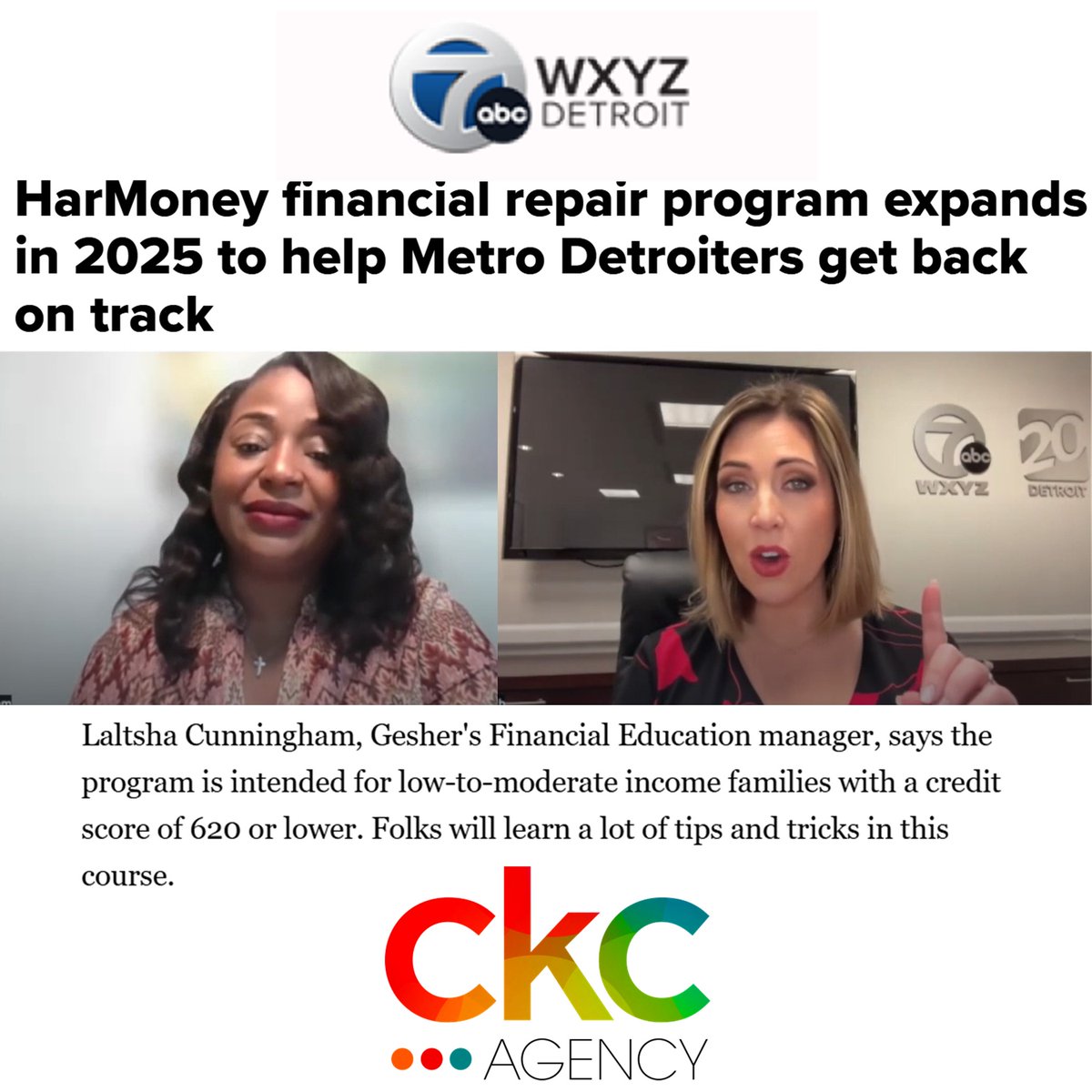 #CKCAgency client news! Thank you to <a href="/wxyzdetroit/">WXYZ Detroit</a>’s <a href="/wxyzalicia/">Alicia Smith</a> for highlighting <a href="/geshermi/">@GesherMI</a>’s free virtual HarMoney financial repair program today which starts February 3. Registration info in the story: wxyz.com/news/voices/ha…