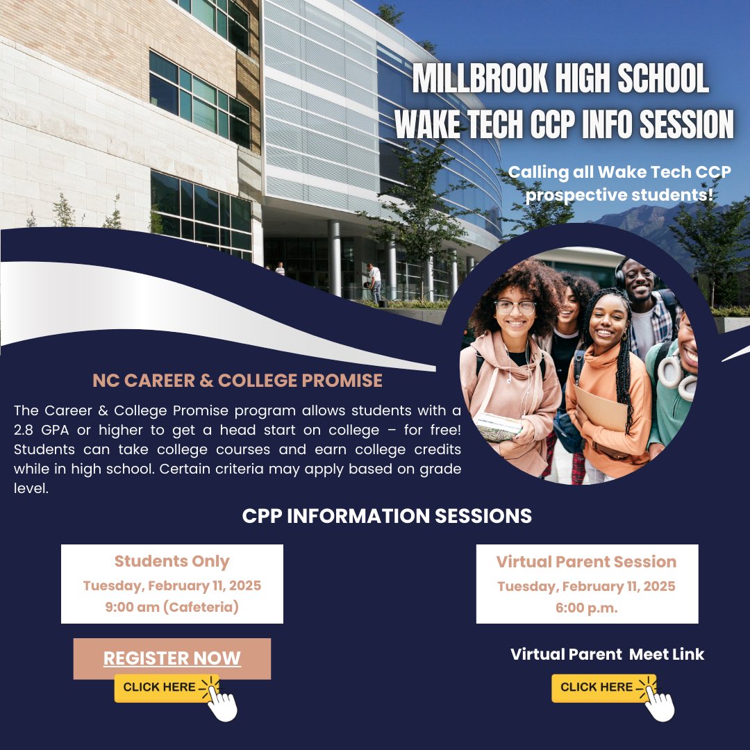 Save the Date! Interested in the Wake Tech CCP program for high school students? See the info below and use the links in the Principal’s Weekly Message to sign up! <a href="/Millbrook_PTSA/">Millbrook PTSA</a> <a href="/millbrookmagnet/">Millbrook Magnet HS</a>