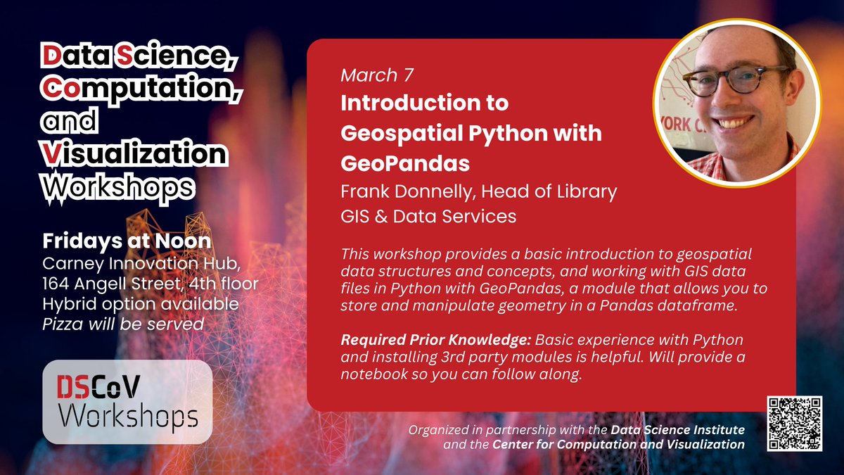DSCoV Workshop this Friday at Noon, "Introduction to Geospatial Python with GeoPandas" with Frank Donnelly from <a href="/brownlibrary/">Brown University Library</a> 

Open to all and pizza will be served! <a href="/Brown_CCV/">Brown CCV</a> 
events.brown.edu/dsi/event/3047…