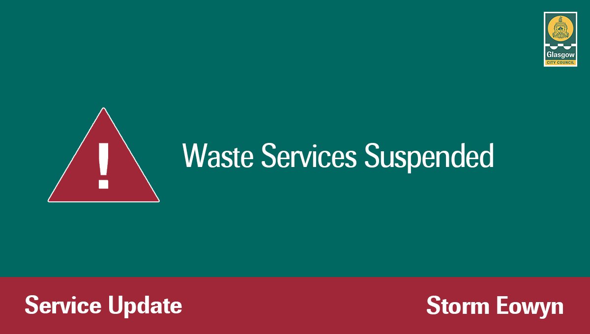 Waste services suspended on Fri 24 Jan
 
If you receive a kerbside bin collection, DO NOT present your bin on 24 Jan.

Store bins securely until #StormEowyn passes &amp; please present your bin for collection on Sat 25 Jan instead.
 
Household Waste Recycling Centres are also closed.