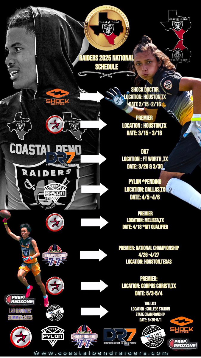 It’s go time! 
<a href="/ShockDoctor/">Shock Doctor</a> <a href="/THELIST7v7/">THE LIST</a> <a href="/Pylon7on7/">Pylon 7on7 Football</a> <a href="/PrepRedzone/">Prep Redzone 🏈</a> <a href="/LSUfootball/">LSU Football</a> <a href="/coach_leyva/">Coach Ronald Leyva🇺🇸</a> <a href="/One11Recruiting/">One11 Recruiting</a> <a href="/Championship7v7/">Championship 7v7</a> 

| Raiders | U |  | The Mecca | 
#Recruitethecoast#Exposure#CoastalBendVsEveryone