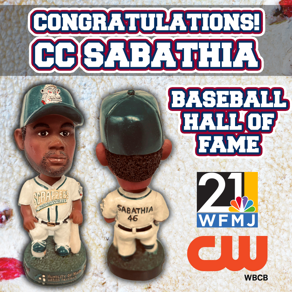 CC Sabathia is headed for Cooperstown!  We remember when he played for the Mahoning Valley Scrappers in 1999.  And in 2002, the Scrappers issued the first CC Sabathia bobblehead!  He's also the first former Scrappers player to be elected to the Baseball Hall of Fame.