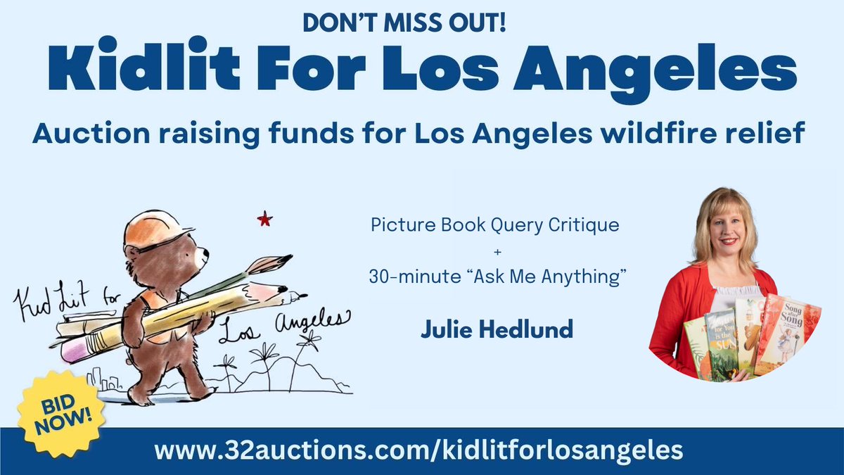 I am pleased to join #kidlitforlosangeles
by donating a #picturebook
query critique + a 30-min AMA. Proceeds benefit those impacted by the fires in the Los Angeles area. Bid today at 32auctions.com/organizations/… #kidlit #writingcommunity #kidlitart