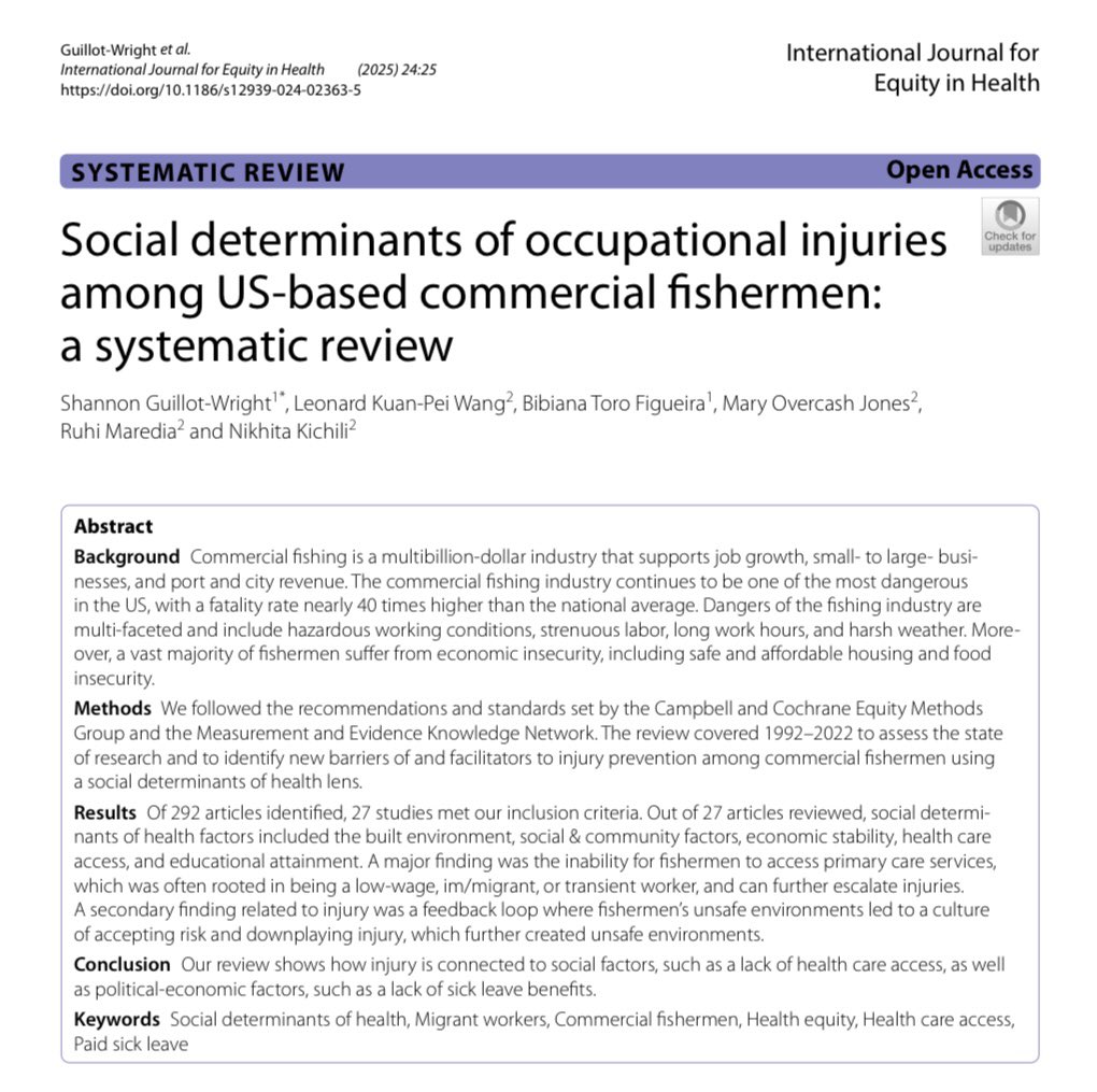Leonard Wang (@leonardkwang) on Twitter photo š¢ Our study in <a href="/equityhealthj/">Int Journal for Equity in Health</a> used a social determinants of health lens to identify barriers of and facilitators to injury prevention among US commercial fishermen.
equityhealthj.biomedcentral.com/articles/10.11ā¦
@DrGuillotWright <a href="/UTHealthSPH/">UTHealth Houston School of Public Health</a> <a href="/SWCOEH/">UTHealth SPH SWCOEH</a> <a href="/UTMBProvost/">UTMB Provost's Office</a>
š§µ 1/ š¢ Our study in <a href="/equityhealthj/">Int Journal for Equity in Health</a> used a social determinants of health lens to identify barriers of and facilitators to injury prevention among US commercial fishermen.
equityhealthj.biomedcentral.com/articles/10.11ā¦
@DrGuillotWright <a href="/UTHealthSPH/">UTHealth Houston School of Public Health</a> <a href="/SWCOEH/">UTHealth SPH SWCOEH</a> <a href="/UTMBProvost/">UTMB Provost's Office</a>
š§µ 1/