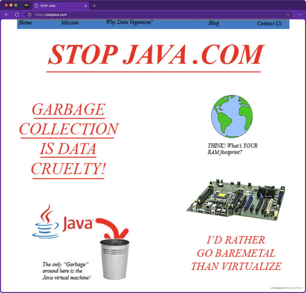 wesbos's tweet image. this is something I can really get behind

a small advocacy dedicated to ending the absolute travesty that is the java programming language