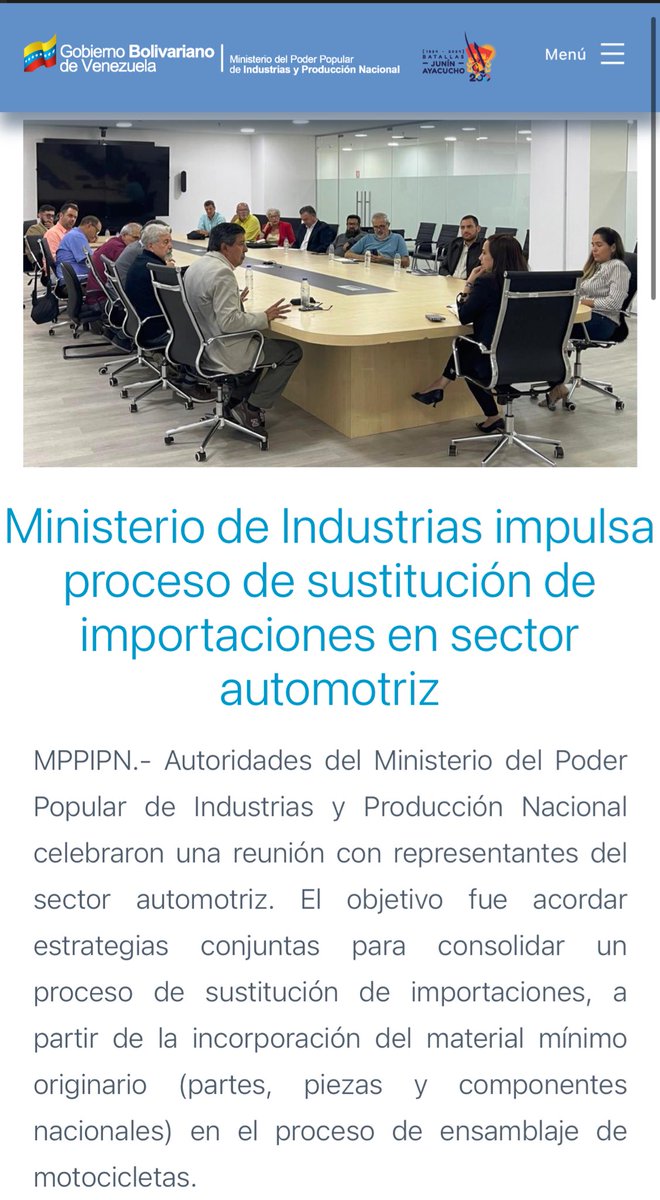 NoticiasPsuv_'s tweet photo. Ministerio de Industrias impulsa proceso de sustitución de importaciones en sector automotriz.

MPPIPN.- Autoridades del Ministerio del Poder Popular de Industrias y Producción Nacional celebraron una reunión con representantes del sector automotriz. El objetivo fue acordar estrategias conjuntas para consolidar un proceso de sustitución de importaciones, a partir de la incorporación del material mínimo originario (partes, piezas y componentes nacionales) en el proceso de ensamblaje de motocicletas.

Al encuentro asistieron actores económicos nacionales vinculados a la fabricación de partes, piezas y componentes nacionales para motocicletas. Esta acción se enmarca dentro del Sistema Nacional de Sustitución de Importaciones que impulsa el presidente de la República, Nicolás Maduro Moros. 

En este proyecto, el ministro de Industrias y presidente del Centro Internacional de Inversión Productiva, Alex Saab, es uno de los principales responsables.

@NicolasMaduro @delcyrodriguezv @ViceVenezuela @MPPIPNVEN @VNVenezuelanews @VTVcanal8 @Mippcivzla