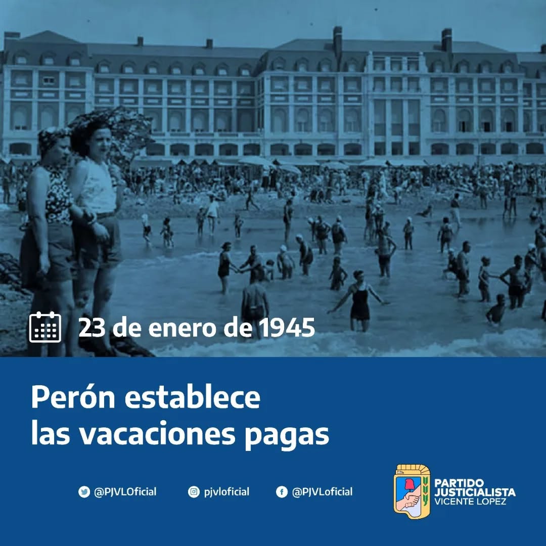 📆 23 de enero de 1945 • #UnDiaComoHoy 

Hace 80 años Perón implementa las vacaciones pagas para los trabajadores mediante el decreto de ley 1740.

El descanso y el ocio en Argentina dejan de ser un lujo de ricos y se convierten en un derecho para el pueblo ✌🏼