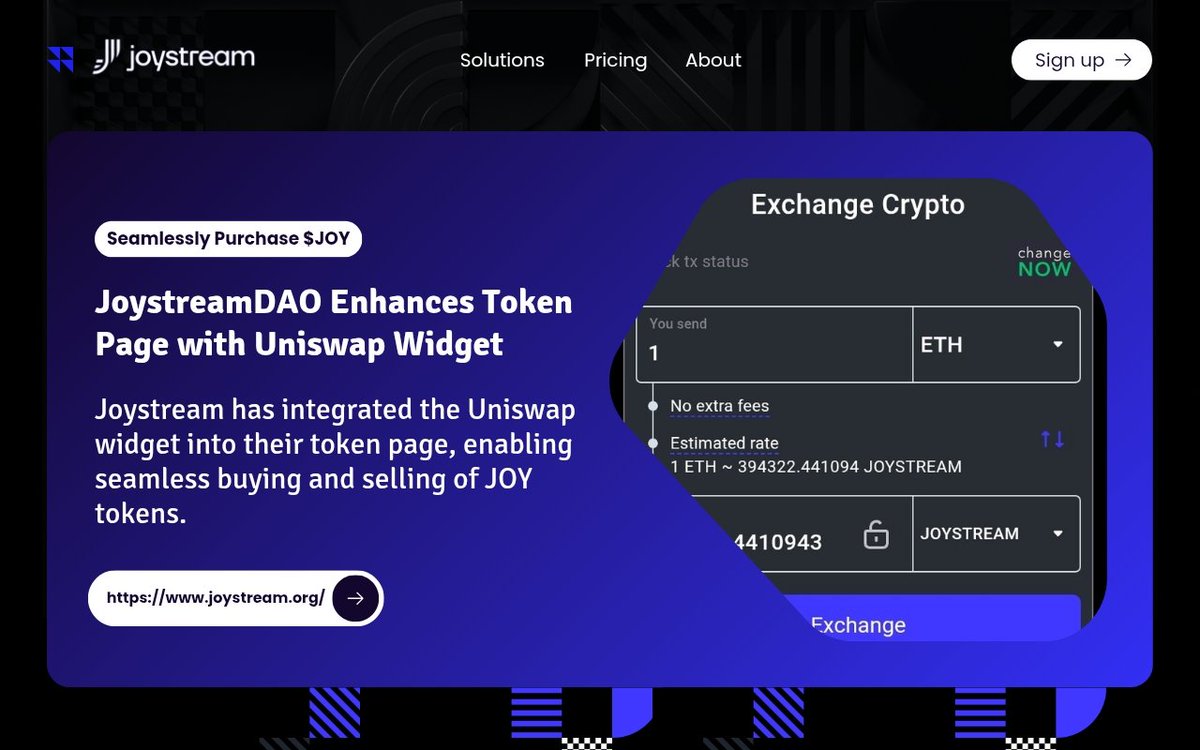 OfonKvng's tweet photo. #JoystreamDAO Enhances Token Page with Uniswap Widget
@JoystreamDAO has integrated the Uniswap widget into their token page, enabling seamless buying and selling of $JOY tokens.
✓ Key features:
1️⃣ Effortless Transactions: Utilize @changenow and @Uniswap extensions for hassle-free trades
2️⃣ Streamlined Process: No sign-up or KYC required
3️⃣ Fast Settlement: Transactions settled in 2-3 minutes
4️⃣ Extensive Support: 900+ cryptocurrencies supported
Explore the enhanced token page now: https://t.co/PziCl0vjYX
#DeFi #DAO