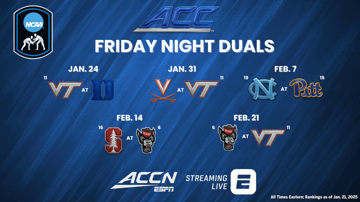 ESPN PR (@espnpr) on Twitter photo ACC ‘Friday Night Duals’ is back!
📅 5 consecutive weeks starting at 7p ET on <a href="/accnetwork/">ACC Network</a>
🤼♂️ First up, No. 11 <a href="/HokiesWrestling/">Virginia Tech Wrestling</a> vs <a href="/DukeWRES/">Duke Wrestling</a>
🎙️ <a href="/shawnkenney59/">Shawn Kenney</a>, <a href="/rockreax/">Rock Harrison</a>
Schedule below ⬇️ ACC ‘Friday Night Duals’ is back!
📅 5 consecutive weeks starting at 7p ET on <a href="/accnetwork/">ACC Network</a>
🤼♂️ First up, No. 11 <a href="/HokiesWrestling/">Virginia Tech Wrestling</a> vs <a href="/DukeWRES/">Duke Wrestling</a>
🎙️ <a href="/shawnkenney59/">Shawn Kenney</a>, <a href="/rockreax/">Rock Harrison</a>
Schedule below ⬇️