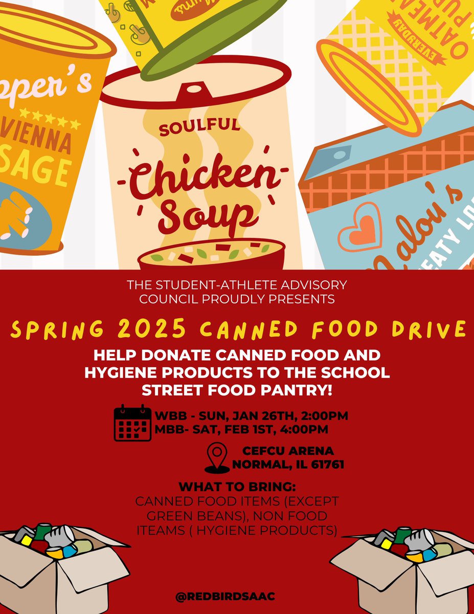 Illinois State Athletics (@isuredbirds) on Twitter photo All hands on deck‼️
The Spring 2025 <a href="/RedbirdSAAC/">Illinois State SAAC</a> canned food drive is being held at the upcoming <a href="/RedbirdWBB/">Illinois State Women’s Basketball</a> and <a href="/Redbird_MBB/">Illinois State Men's Basketball</a> games! All hands on deck‼️
The Spring 2025 <a href="/RedbirdSAAC/">Illinois State SAAC</a> canned food drive is being held at the upcoming <a href="/RedbirdWBB/">Illinois State Women’s Basketball</a> and <a href="/Redbird_MBB/">Illinois State Men's Basketball</a> games!