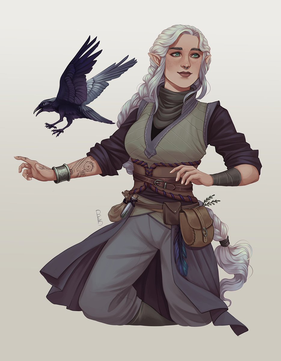 Tallinier's tweet photo. A Halfling Warlock named Rosie with her magical crow familiar! 🐦‍⬛#dnd https://t.co/zPKKOBJlEr
