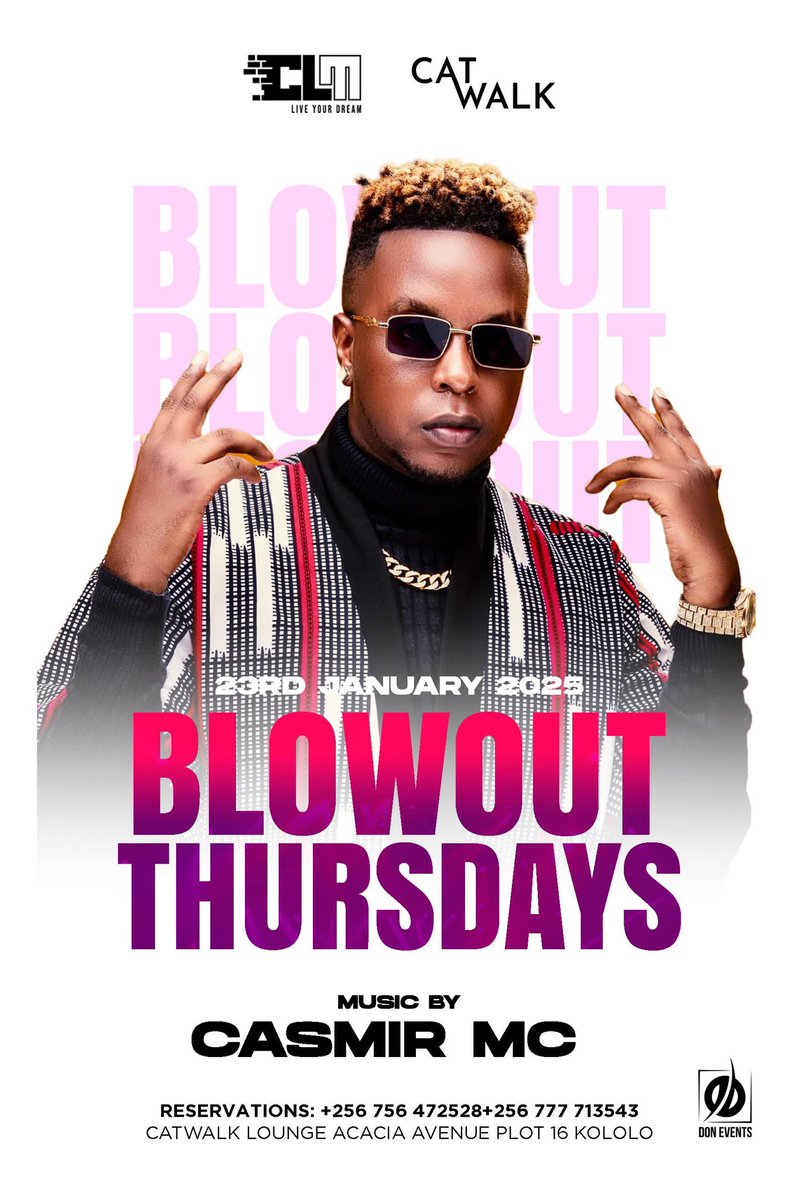 clm__management's tweet photo. Happening tonight🌃 #BlowOut Thursday 📍 CatWalk lounge kololo 
so don’t miss the epic vibes from the best DJs &amp; Mcees 🎤 🔥🔥 #clm #catwalk https://t.co/TqrcbltRdE
