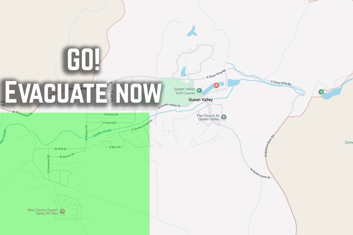 PinalCSO's tweet photo. ❗️Queen Valley Residents ❗️

A "Go! - Evacuate" alert has been issued for residents in the area of the Southwest region of Queen Valley for a brush fire.

Residents should evacuate immediately to a shelter or with family or friends outside of the affected area. https://t.co/BnYvqeTfuc