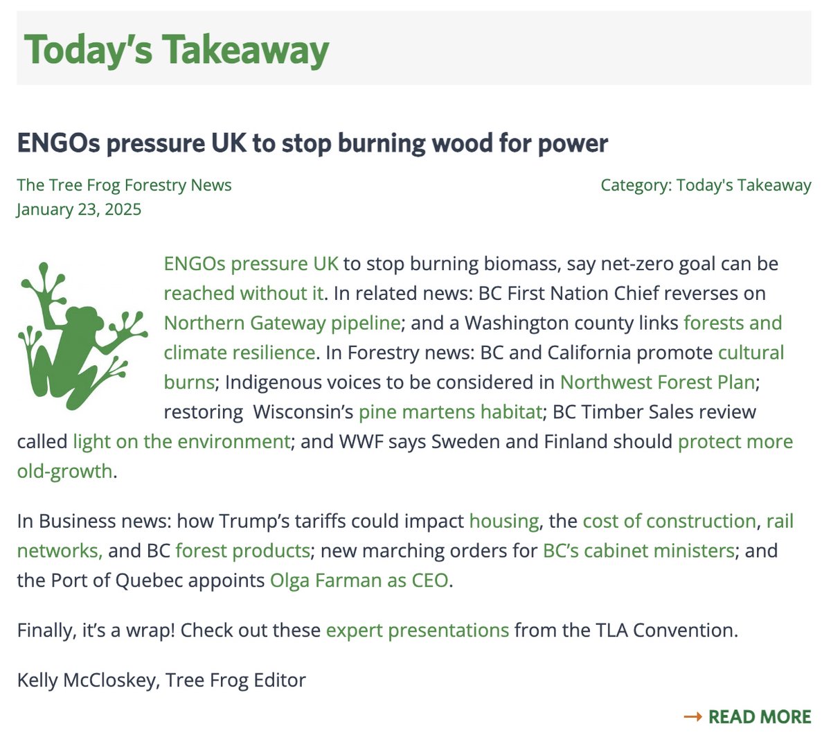 TreeFrogNews's tweet image. Published and ready to read - here&apos;s today&apos;s Tree Frog Forestry News. Yes, it&apos;s free to you - thanks to our awesome sponsors!! treefrogcreative.ca/news/