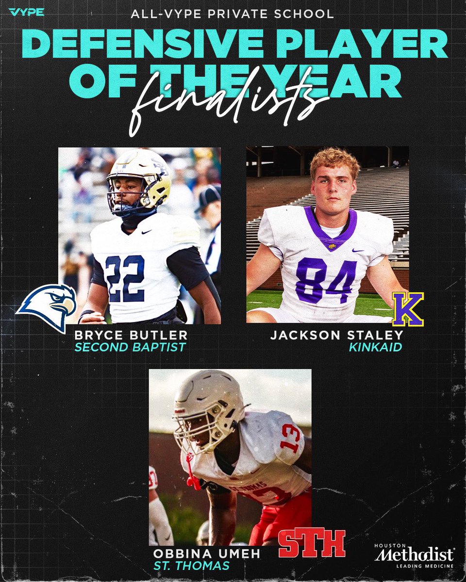 VYPE Houston (@vypehouston) on Twitter photo It is awards season here at VYPE! Here are the finalists for Private School Football Defensive Player of the Year presented by <a href="/MethodistHosp/">Houston Methodist</a>!
Tune in tomorrow to find out the Player and Team of the Year! #VYPEAwards It is awards season here at VYPE! Here are the finalists for Private School Football Defensive Player of the Year presented by <a href="/MethodistHosp/">Houston Methodist</a>!
Tune in tomorrow to find out the Player and Team of the Year! #VYPEAwards