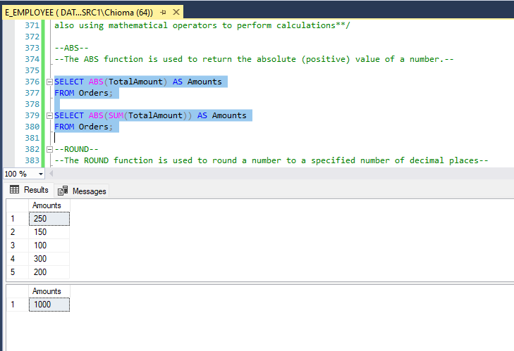 cappuccinos_bae's tweet image. 📍ABS function is used to return the absolute (positive) value of a number.
📍The ROUND function is used to round a number to a specified number of decimal places.
📸 Here is a snapshot of all that I practiced today.
2/2
#SQLLearning
#15daysofconsistencywithDAh
