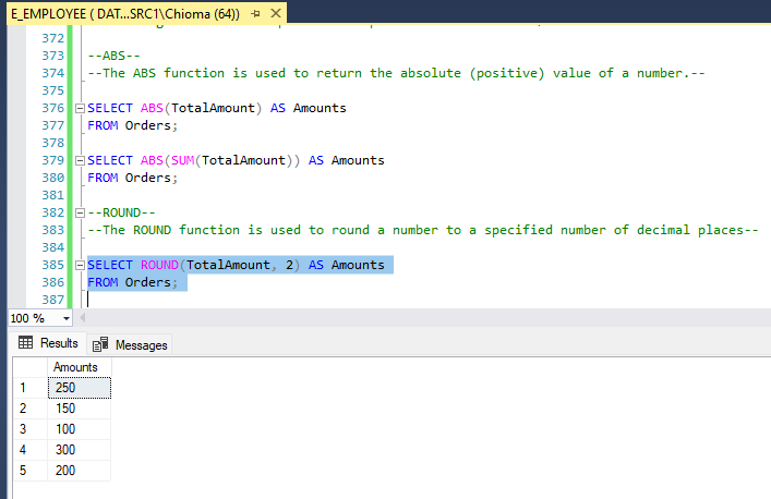 cappuccinos_bae's tweet image. 📍ABS function is used to return the absolute (positive) value of a number.
📍The ROUND function is used to round a number to a specified number of decimal places.
📸 Here is a snapshot of all that I practiced today.
2/2
#SQLLearning
#15daysofconsistencywithDAh