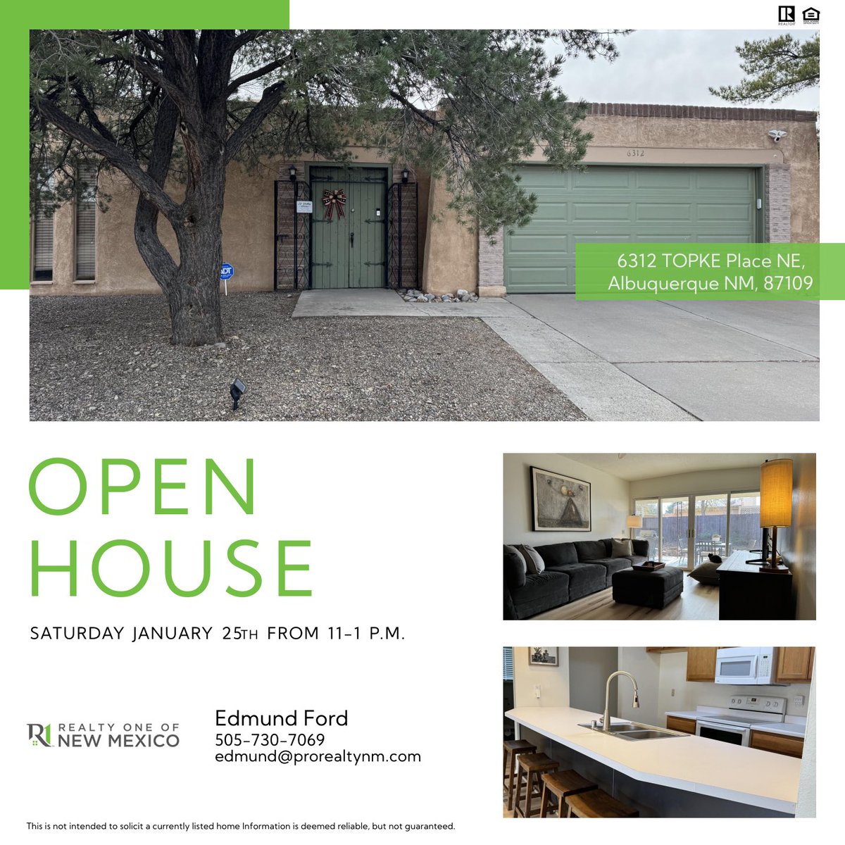 Open House this Saturday, January 25th, from 11 AM to 1 PM at 6312 Topke Place NE, Albuquerque, NM 87109. Priced at $350,000. Contact Edmund Ford at 505-730-7069 or visit prorealtynm.com for more details.

#OpenHouse #AlbuquerqueRealEstate #ProRealtyNM #HomesForSale