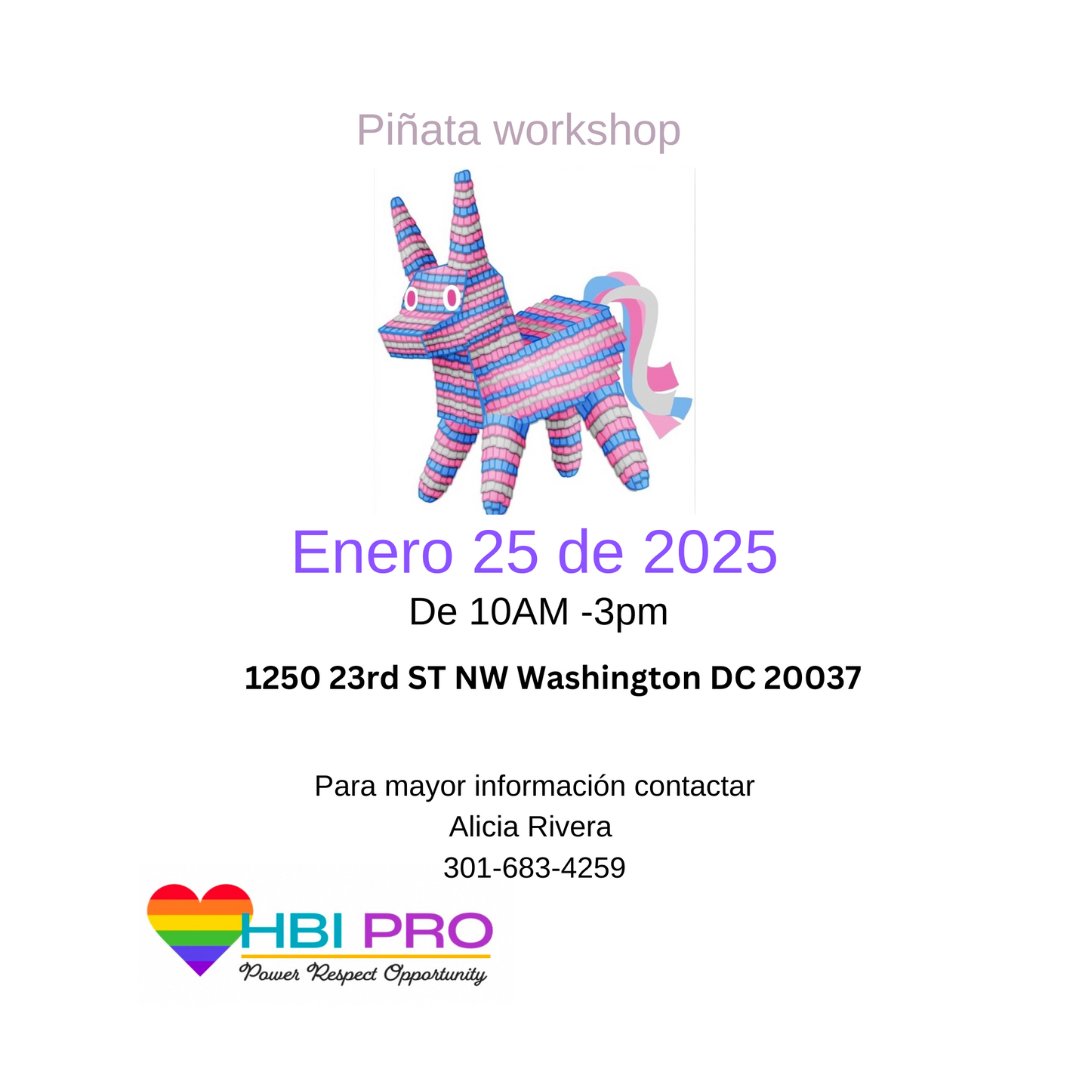 Invitación al Primer Taller para Mujeres Trans del DMV. Este sábado, liderado por Alicia Rivera, podrás crear piñatas en un ambiente acogedor. Regístrate con Alicia, los cupos son limitados. ¡No te lo pierdas!
#HBIpro  #HealthEquity