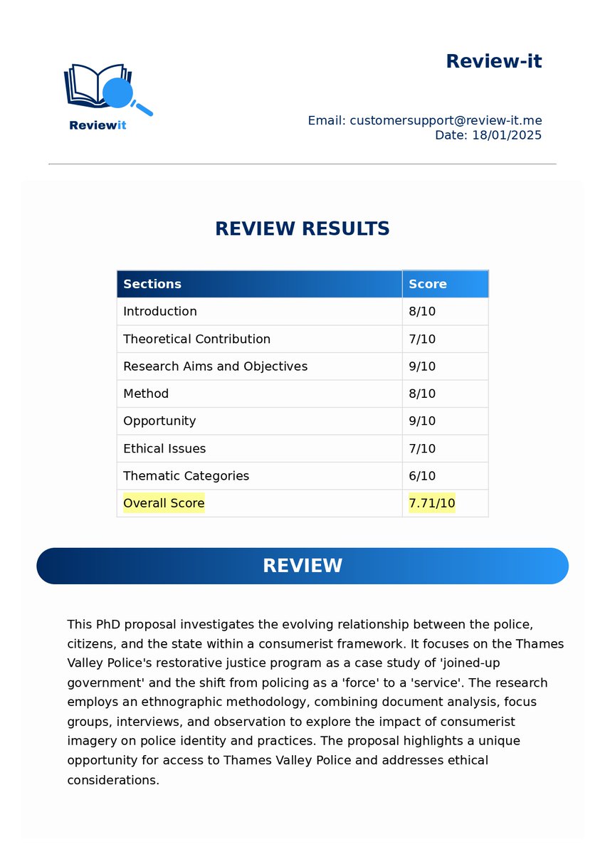 PhD Students - Use this tool to evaluate your research proposal before submission.  

This tool works in 3 simple steps.  

1. Go to review-it.me and log in.  

2. Upload your research proposal.  

3. You will get the feedback on your proposal.  

This feedback will