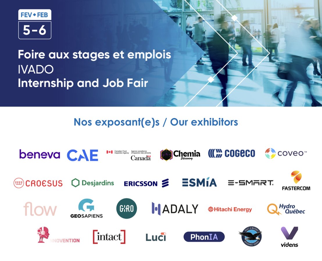 IVADO (@ivado_qc) on Twitter photo La #FoireIVADO approche! Opportunités de #stage et #emploi en #IA le 5 février à <a href="/polymtl/">Polytechnique Mtl</a> et en ligne le lendemain. Participez à nos ateliers préparatoire!
Inscription gratuite : ivado.ca/foire
#recrutement #intelligenceartificielle La #FoireIVADO approche! Opportunités de #stage et #emploi en #IA le 5 février à <a href="/polymtl/">Polytechnique Mtl</a> et en ligne le lendemain. Participez à nos ateliers préparatoire!
Inscription gratuite : ivado.ca/foire
#recrutement #intelligenceartificielle