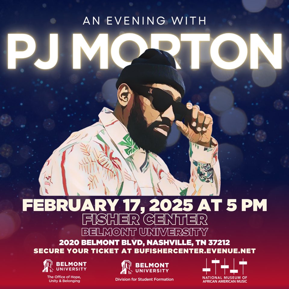 PJ MORTON (@pjmorton) on Twitter photo NASHVILLE!! I’m pulling up to <a href="/BelmontUniv/">Belmont University</a> on February 17th to talk about my memoir #SaturdayNightSundayMorning and more! SOLD OUT! 📕💪🏾
pjmortonmusic.com NASHVILLE!! I’m pulling up to <a href="/BelmontUniv/">Belmont University</a> on February 17th to talk about my memoir #SaturdayNightSundayMorning and more! SOLD OUT! 📕💪🏾
pjmortonmusic.com
