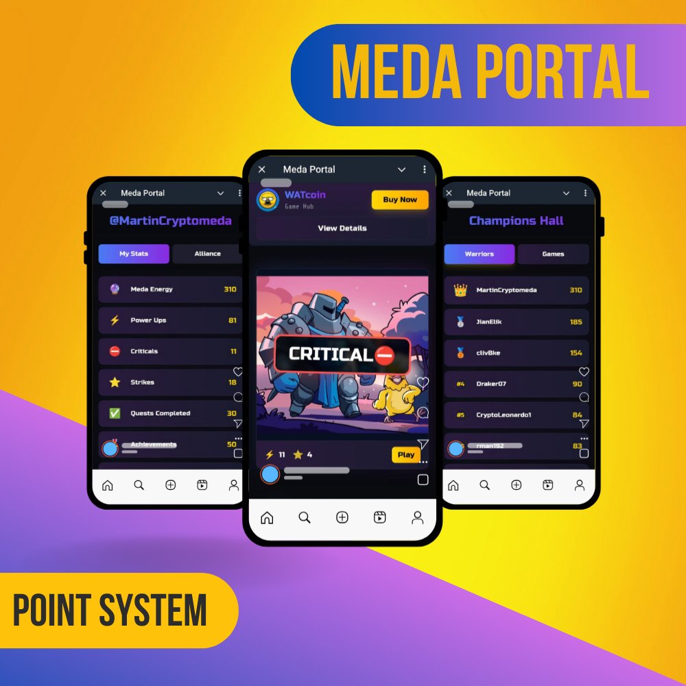 ⚡️ Meda Portal Point System

Swipe: 
➡️= +1
⬅️= +1
⬆️= +3 (6x daily)

✅Complete Tasks = +10
⚔️Refer Friends = +20
🏆Unlock bonus energy as you swipe through Achievement Tiers

Special launch rewards coming soon! 🚀
Join App on Telegram: @medaportalbot