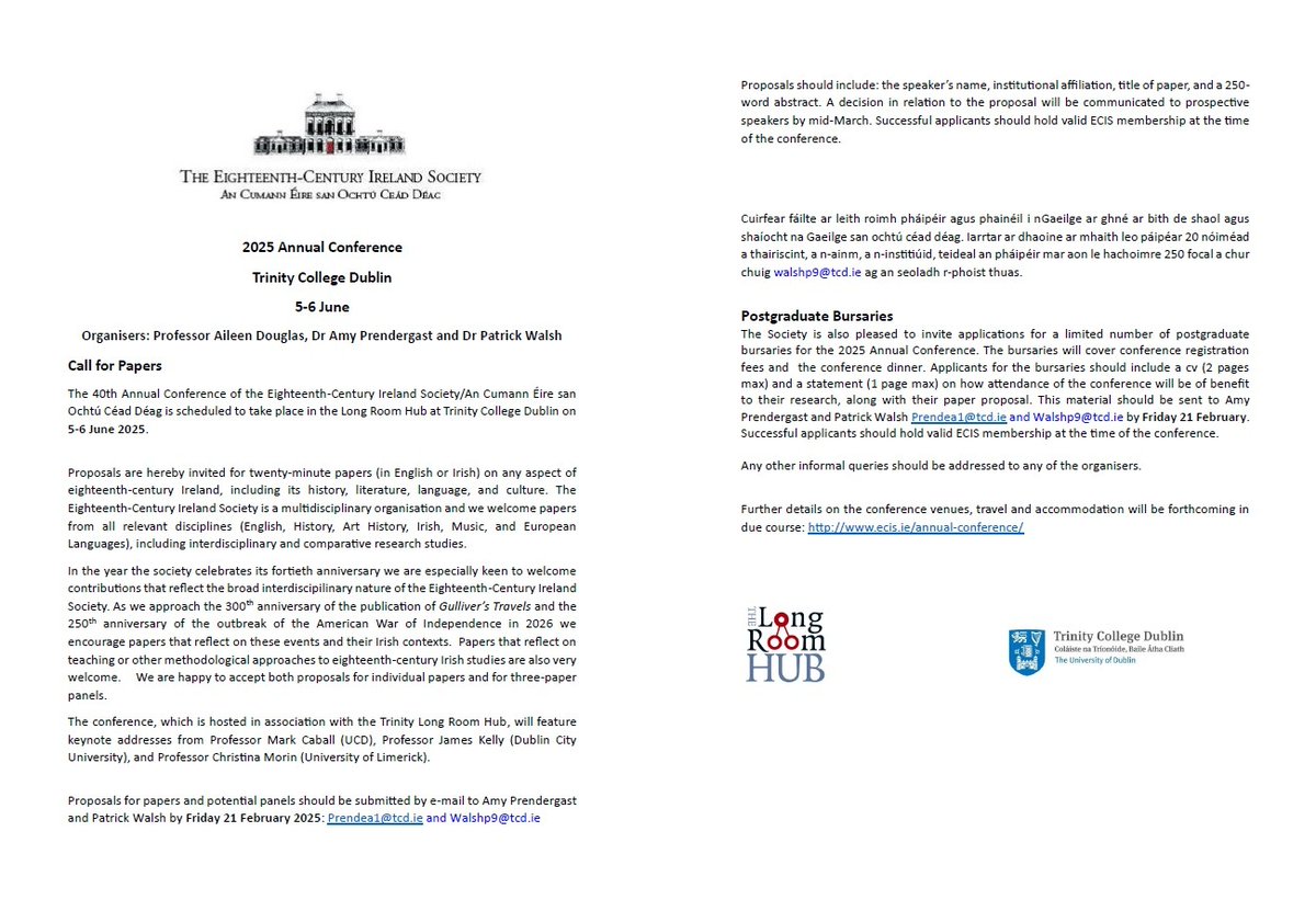 CFP for this year's conference of the Eighteenth-century Ireland Society. See:
ecis.ie/annual-confere…