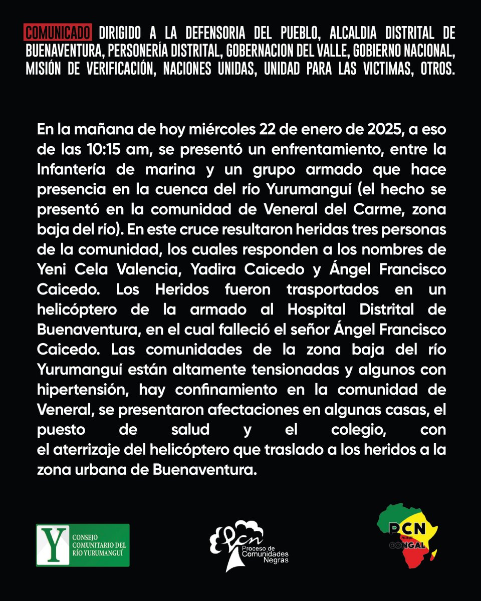 Human_Conet's tweet photo. Las comunidades del río #Yurumanguí (#Buenaventura) clama por paz! 🕊️ 🏳️ 

Exigimos que los pueblos étnicos sean parte integral de cualquier proceso de diálogo para lograr la paz en los territorios.

👉 Exigimos #AcuerdoHumanitarioYA https://t.co/L1nBE7I5X4