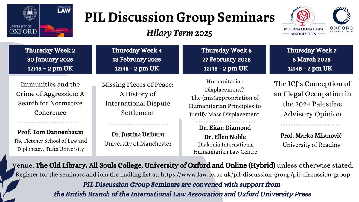 Our term card for the PIL Discussion Group this Hilary Term is out! Join us for a series of interesting talks - with light lunch provided for those attending in person.