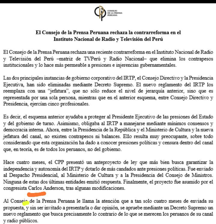 La independencia del <a href="/IRTP_Oficial/">IRTP</a> está siendo vulnerada por <a href="/presidenciaperu/">Presidencia del Perú 🇵🇪</a> mediante la eliminación de su Consejo Directivo. Esto es inaceptable.El IRTP le pertenece a todos los peruanos y no a un gobierno que además de inepto, es autoritario y complaciente con la corrupción