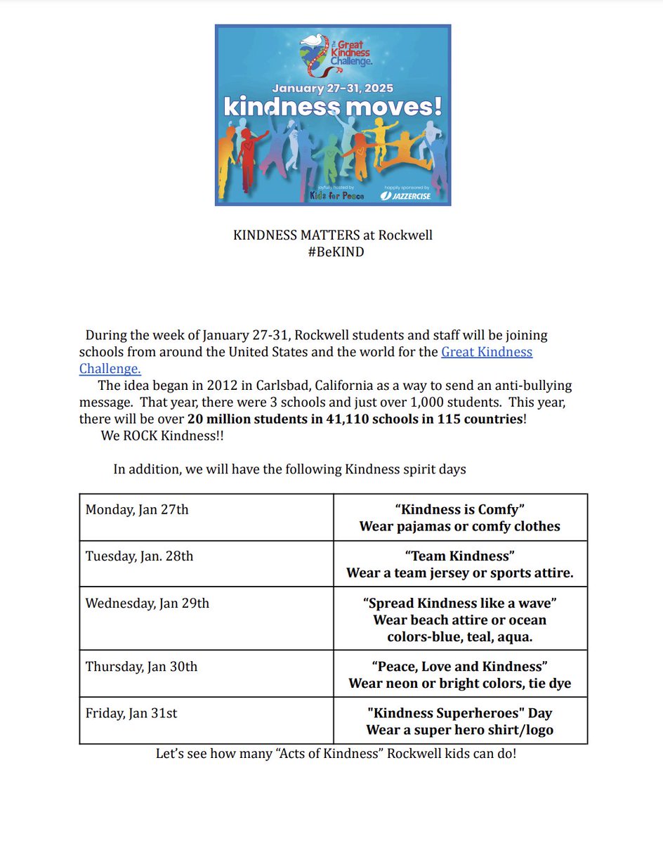 Next week, Rockwell will be learning all about how to spread kindness! Check out the themed days below—our Roadrunners are ready to make a difference, and we can’t wait to see them in action!